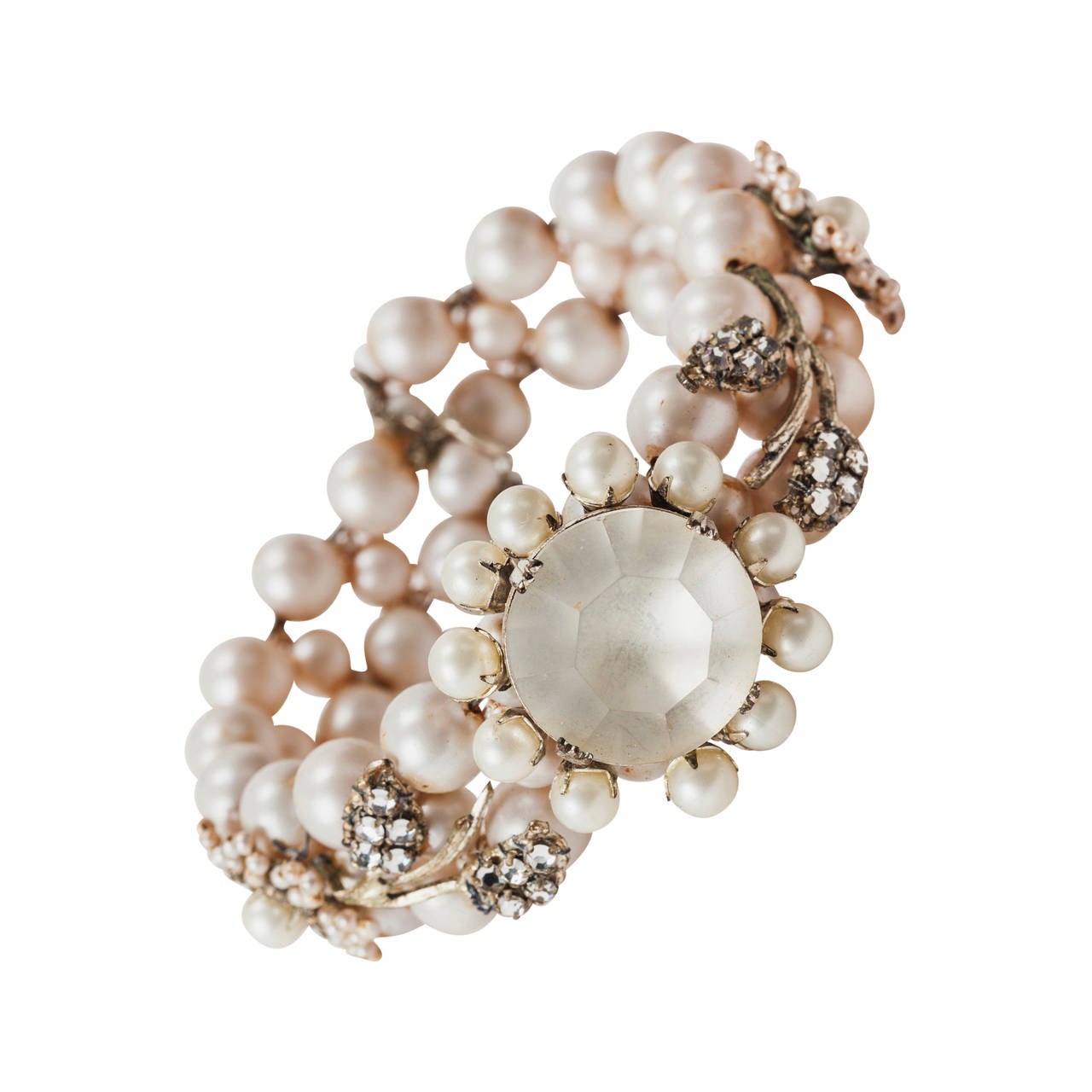 Miriam Haskell Pearl and Diamante Bracelet For Sale