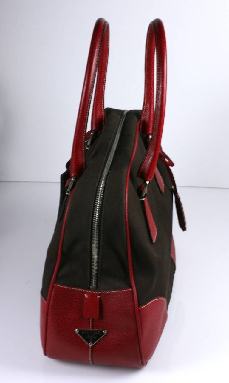 Prada Canvas and Leather Bowling Bag For Sale at 1stDibs | prada bowling bag,  canvas bowling bag, prada canvas and leather bag