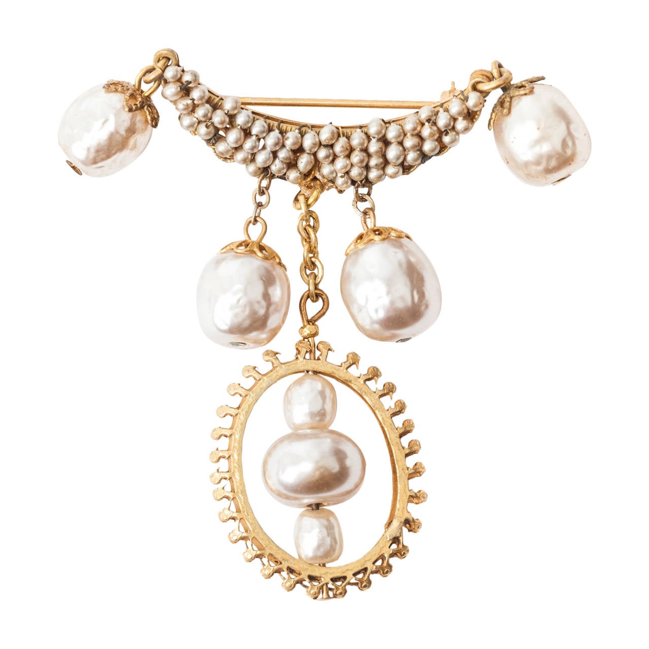 Miriam Haskell Pearl Drop Cresent Brooch For Sale at 1stdibs