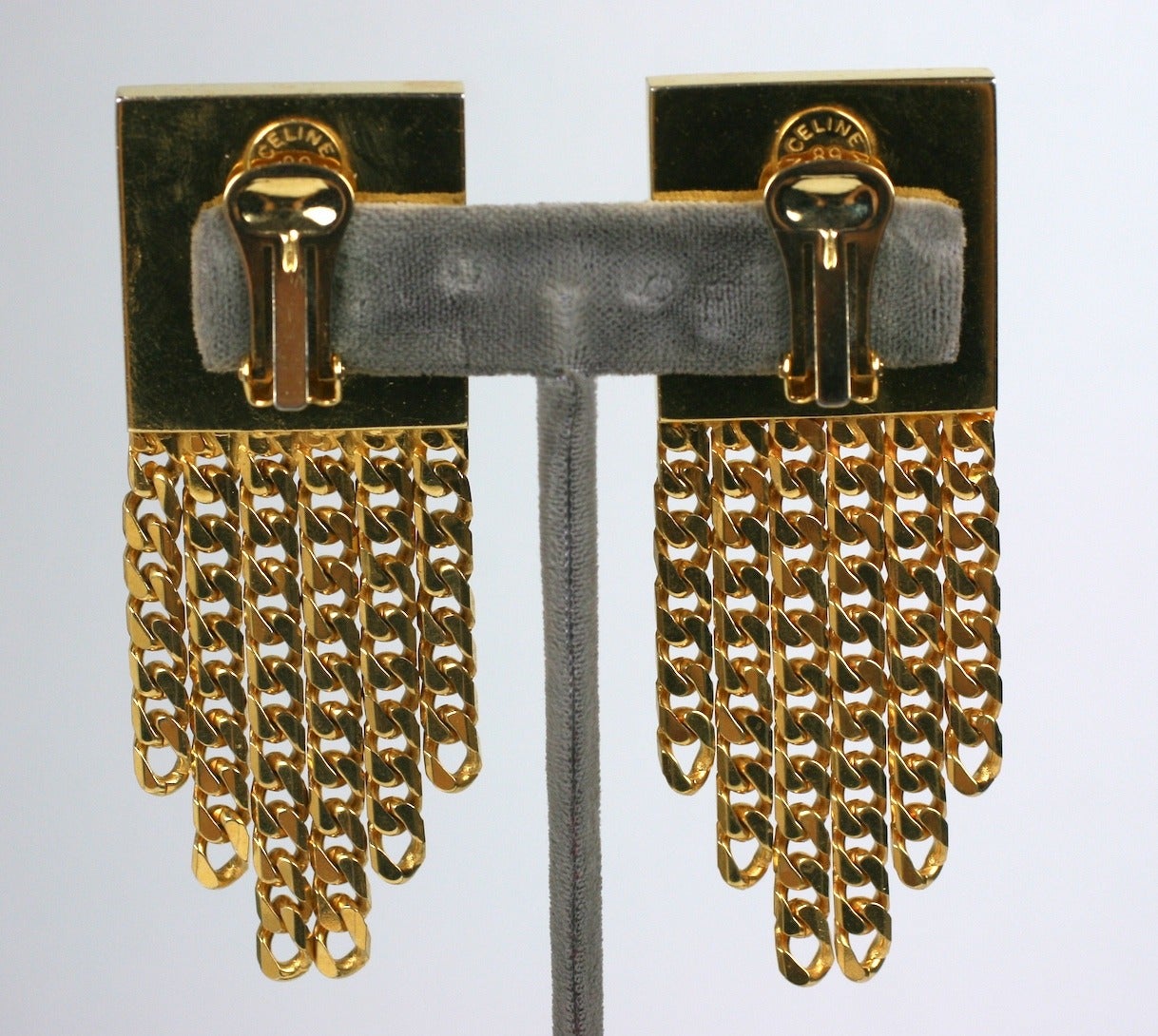 Cool (and large) Celine Gold Chain Door Knocker Earrings with pave rhinestones from the late 1980's with curb chain fringe. Imposing scale and beautifully crafted for Celine in Italy. 1989 France. 3