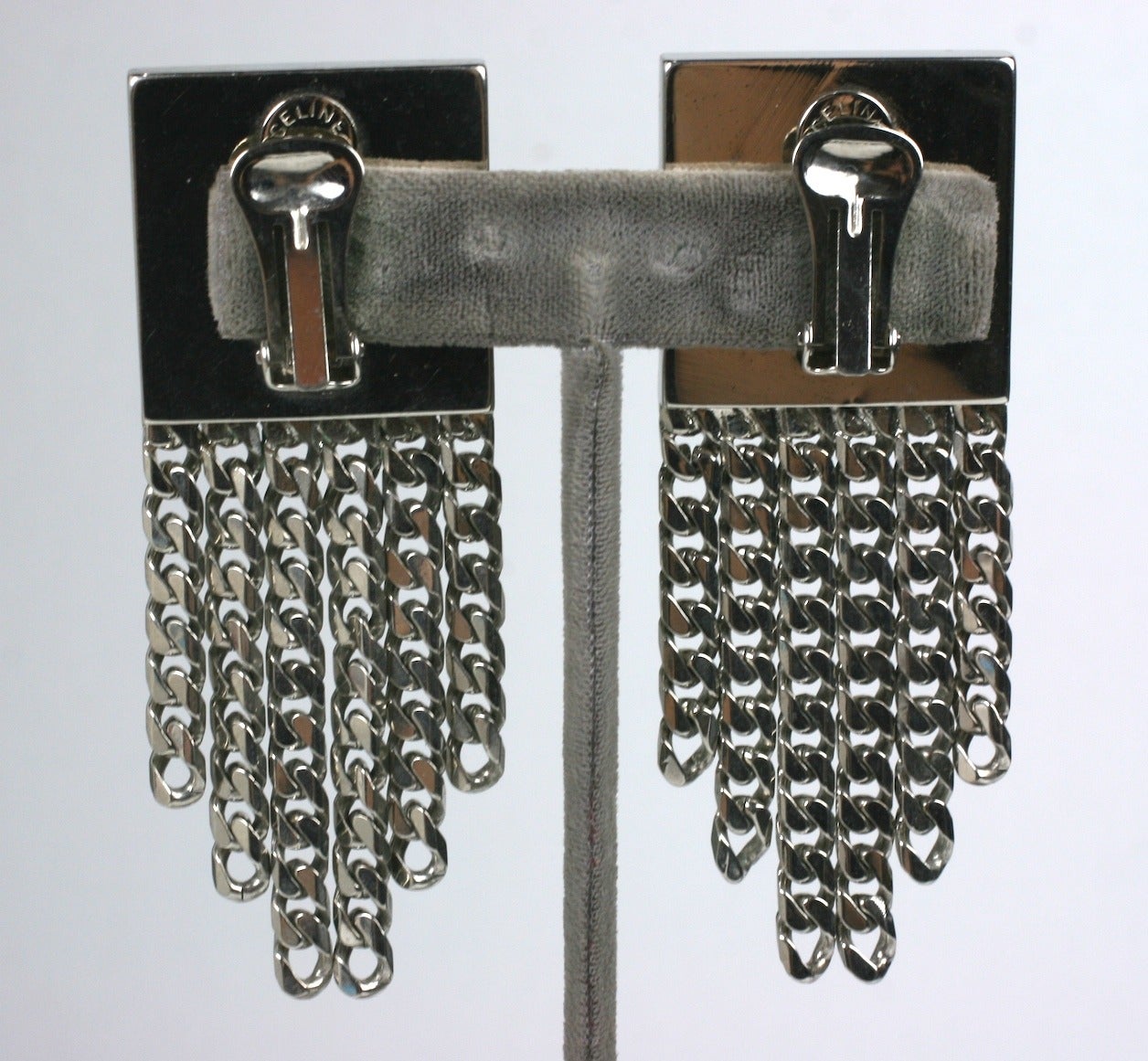 Cool (and large) Celine Silver Chain Door Knocker Earrings with pave rhinestones from the late 1980's with curb chain fringe. Imposing scale and beautifully crafted for Celine in Italy. 1989 France. 3