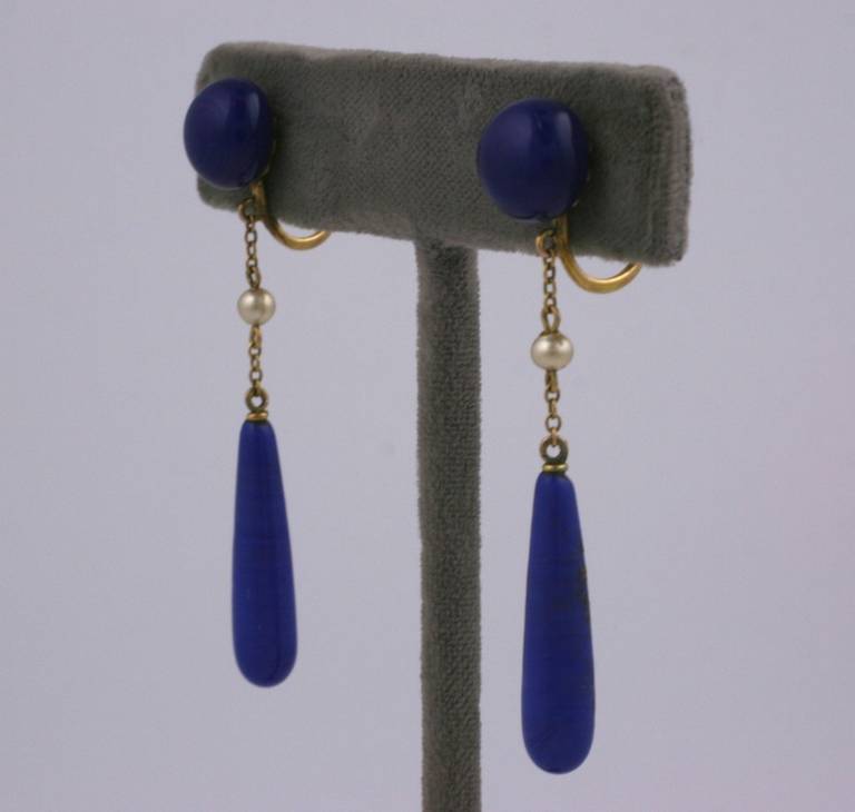 Attractive Lapis Pate de Verre drop earrings with 10k gold screw back fittings. 1920's USA. 2