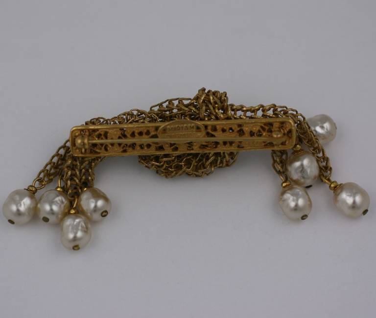 Miriam Haskell russian gilt fine box chain and signature baroque pearl knotted cascade brooch. Excellent condition.  2.75