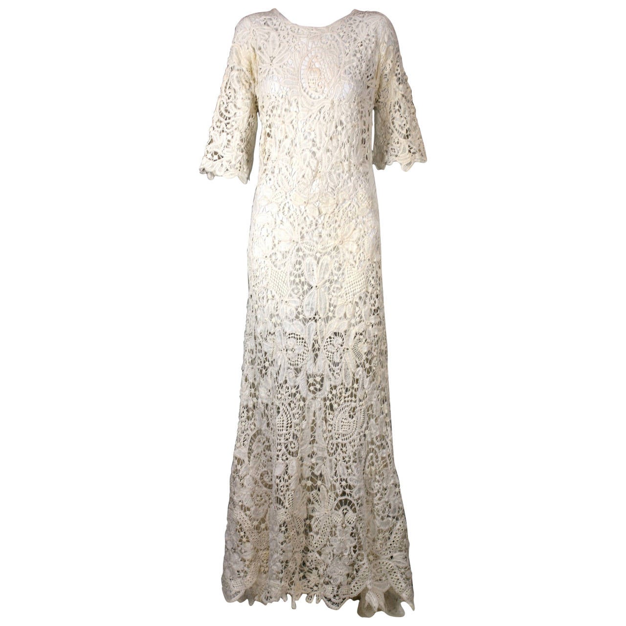 Early Hand Crochet Floral Gown with Train at 1stDibs