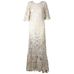 Vintage Early Hand Crochet Floral Gown with Train