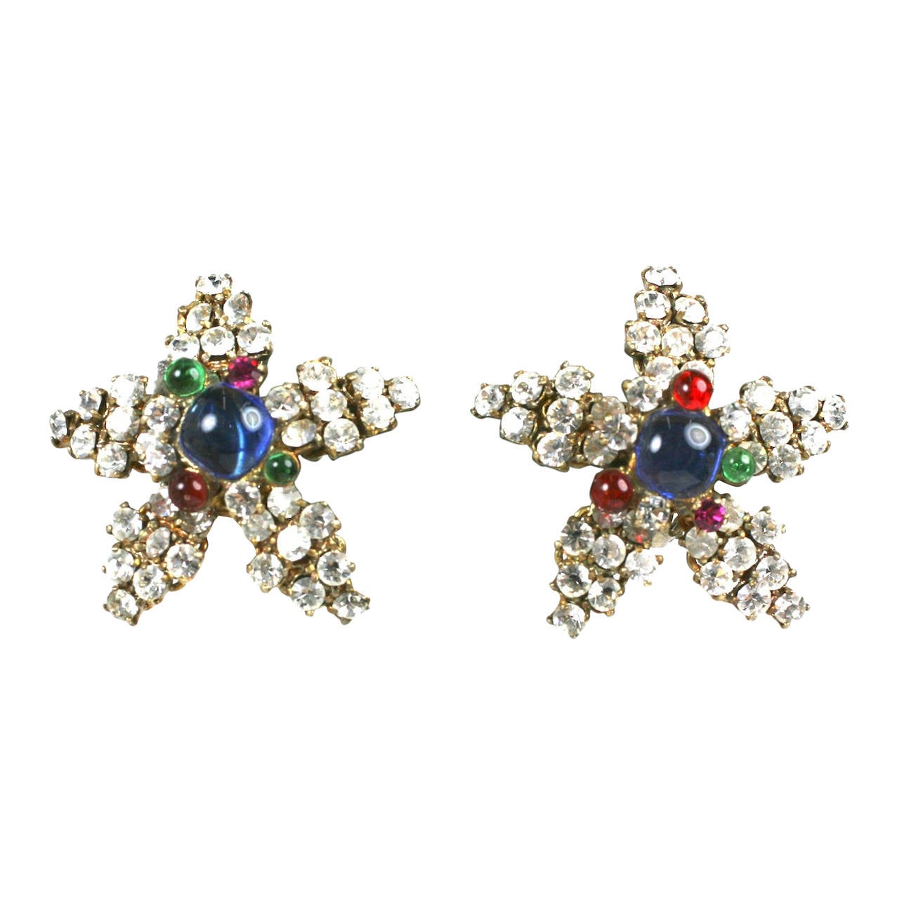  Maison Gripoix for Chanel Poured Glass Pave Star Earrings For Sale