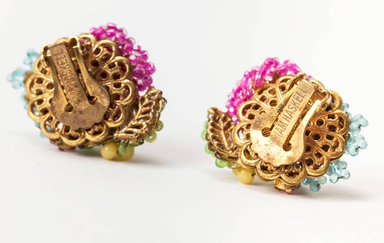 Miriam Haskell Multicolor Flowerhead Earclips In Excellent Condition For Sale In New York, NY