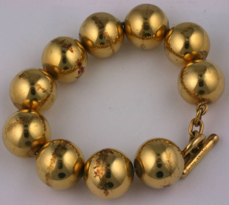 Oversized vermeil gilded sphere bead bracelet by Steve Vaubel. Striking beads are hand raised, large and hollow. 8.5