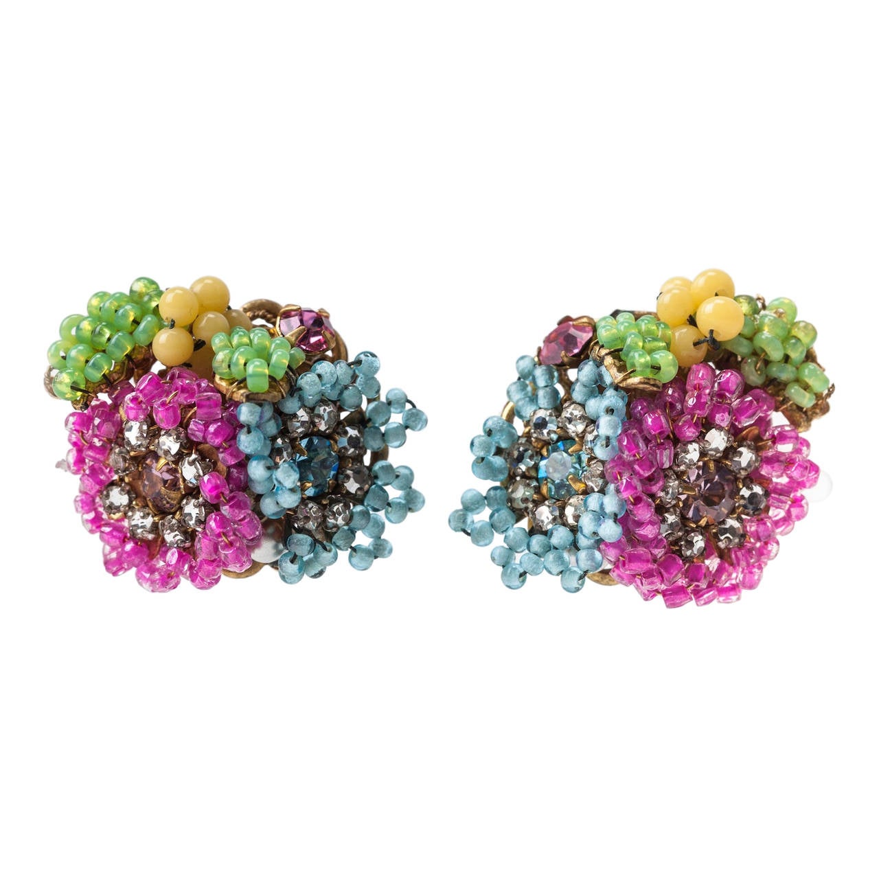 Miriam Haskell Multicolor Flowerhead Earclips For Sale