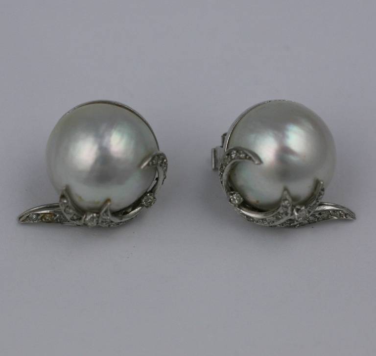 Mabe Pearl Diamond White Gold Earrings At 1stdibs Attractive Mabe Pearl Earrings With Pave Diamond Swirl Accents Which Curl Up The