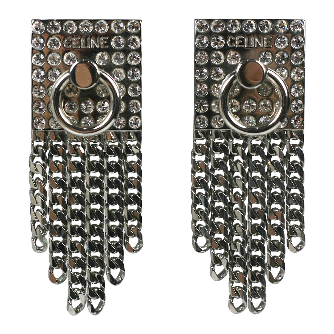 Celine Pave Silver Chain Earrings For Sale