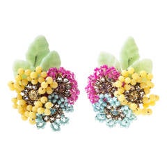 Miriam Haskell Intricate Pastel  Flower Head Ear Clips