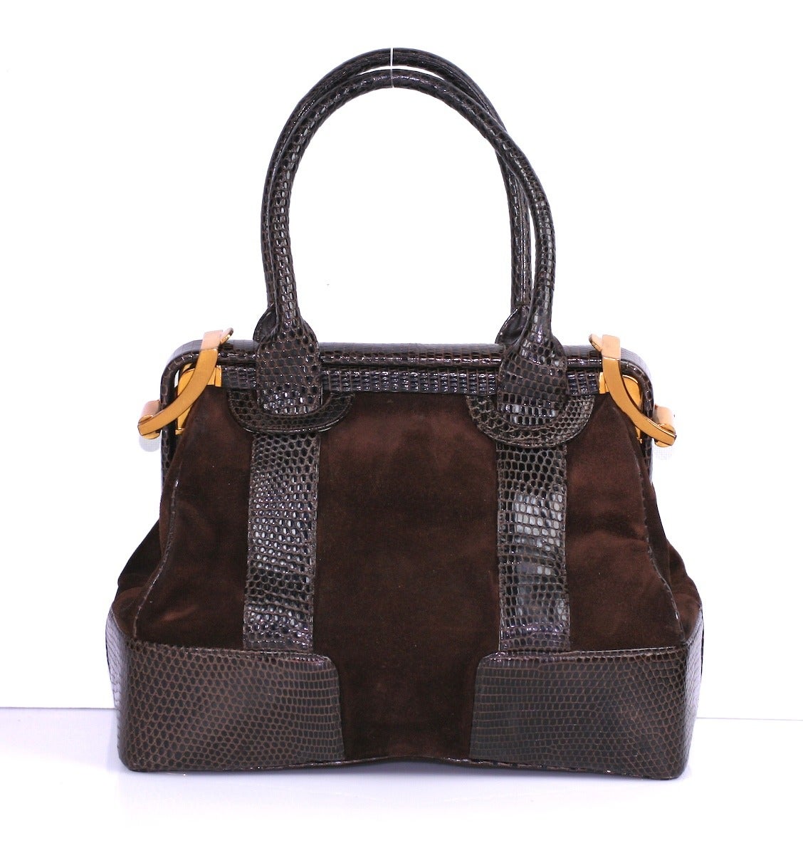 Judith Leiber Suede and Snake Satchel with unusual gilt hardware closures on top corners. Elegant, timeless bag.  8.5