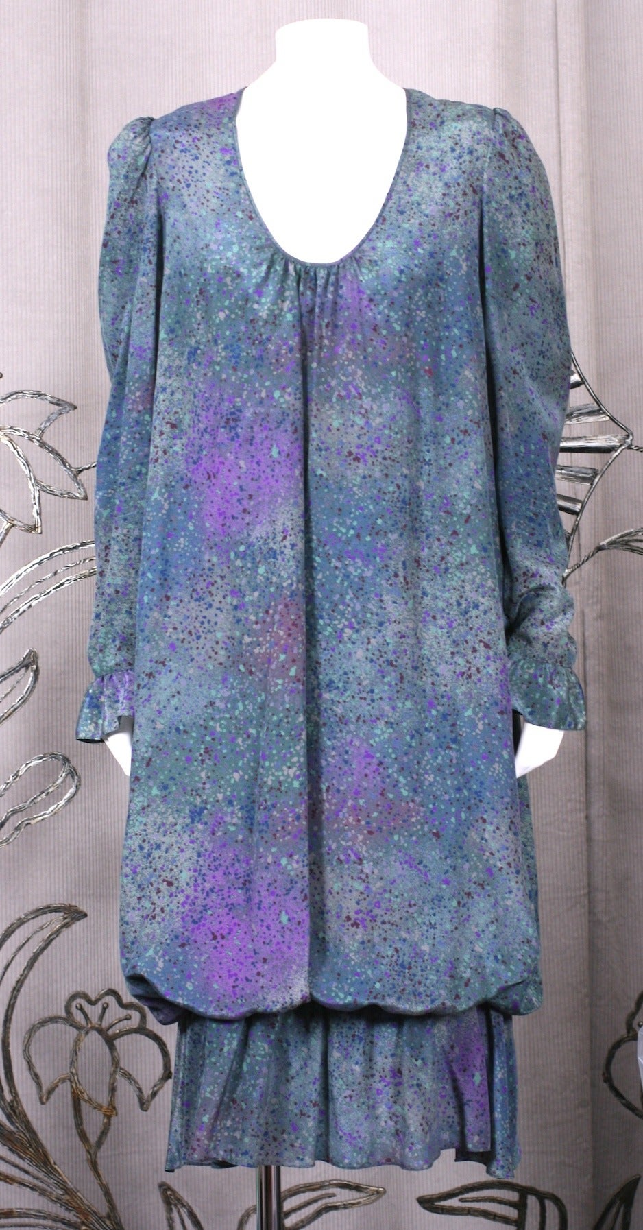 Helga Howie Impressionist Print Silk Print Bubble Dress from the 1980's. Mottled print in teals, greens and purples on silk crepe. 
An interior slip holds the 