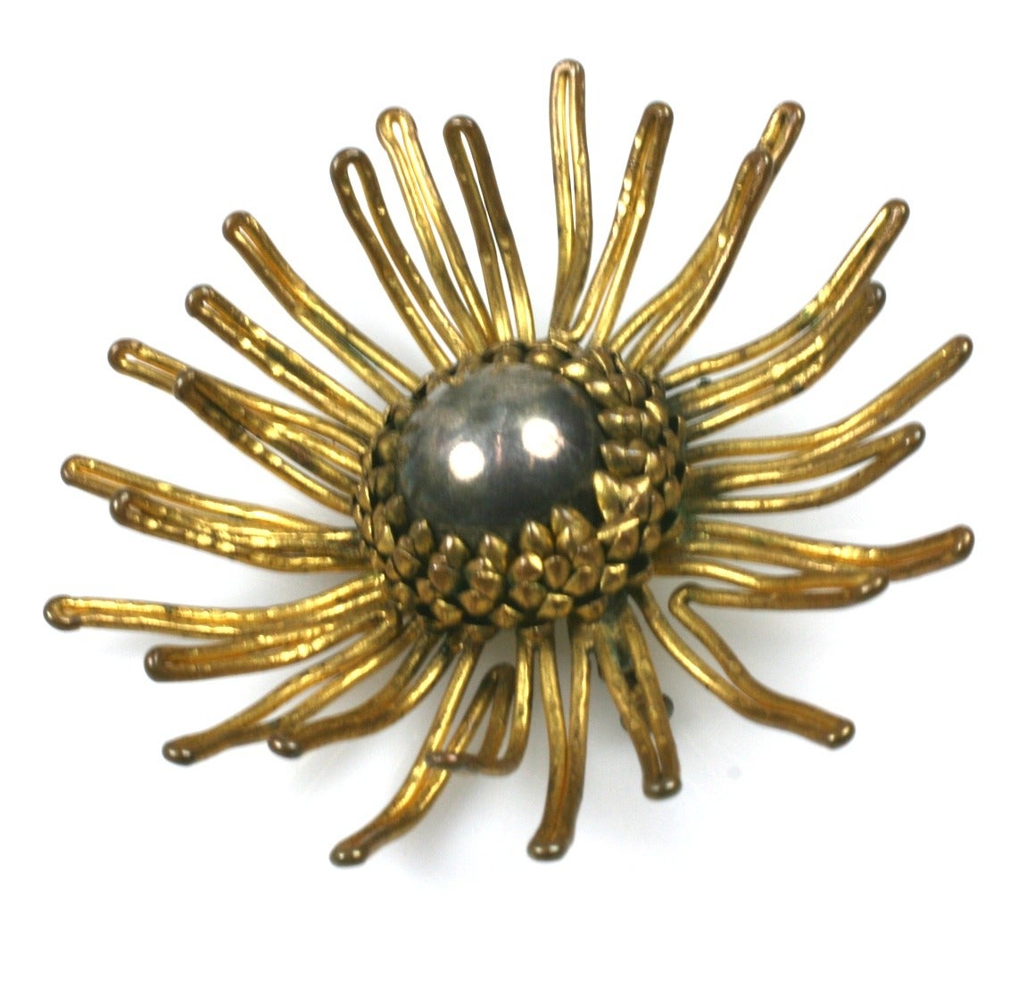 Roger Scemama antique gilt and pewter metal abstract Modernist starburst brooch. Completely hand made in France, 1950's. 2.5
