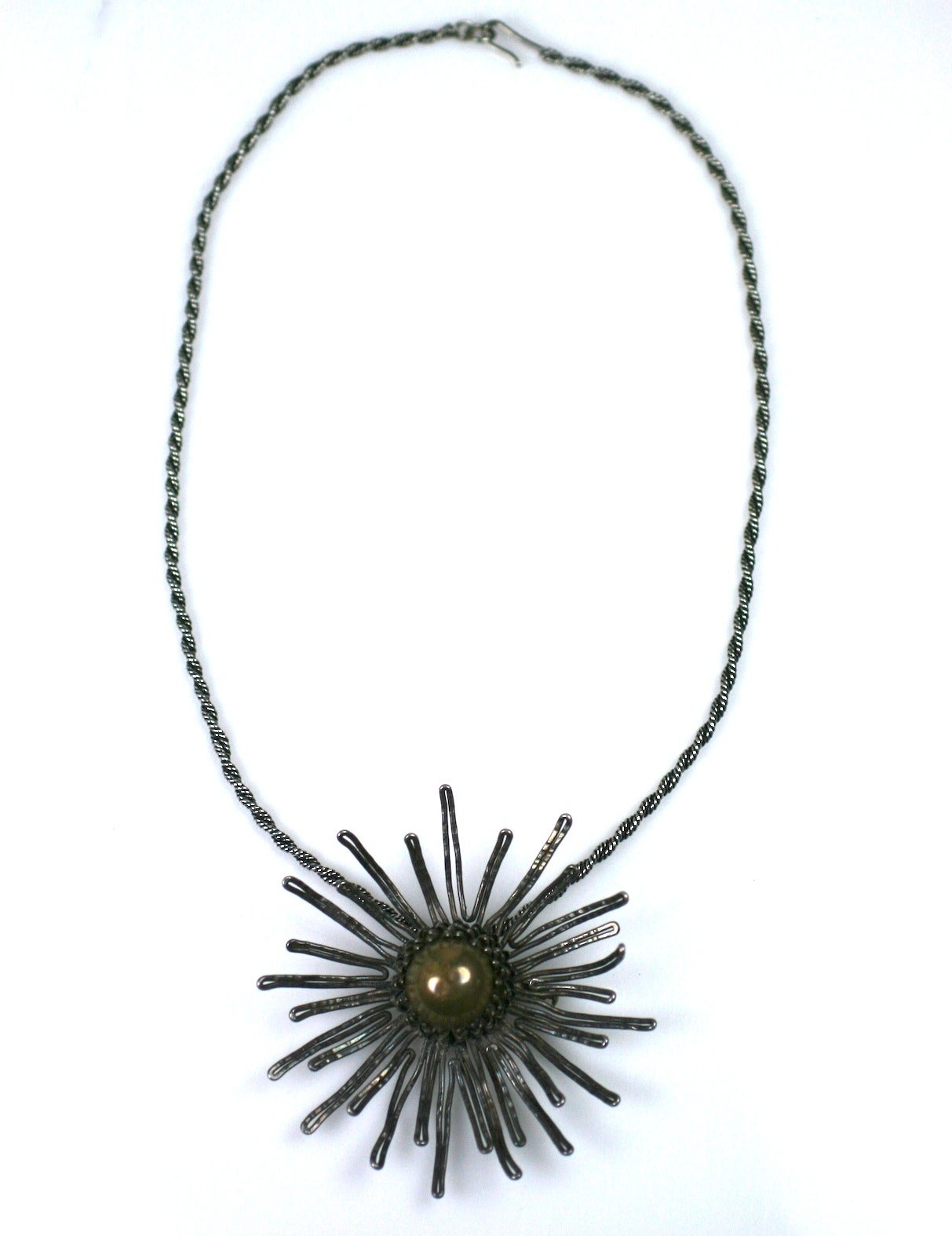 Roger Scemama antique silver and  brcopper metal abstract brutalist starburst pendant- brooch necklace. Completely hand made in France, 1950's. 
Excellent condition,the necklace is signed France like many of his jewels. 
Necklace  L 20.75