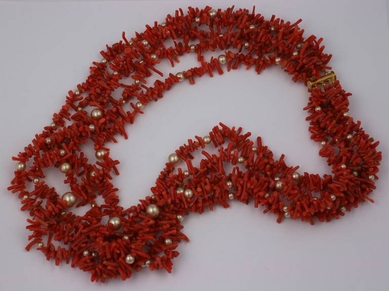 4 strand genuine branch coral and faux pearl necklace. Luxurious drape.
 24" x 1.5" with gilt slide clasp. Excellent condition. 1960's Italy.
Domestic Sales Only. 