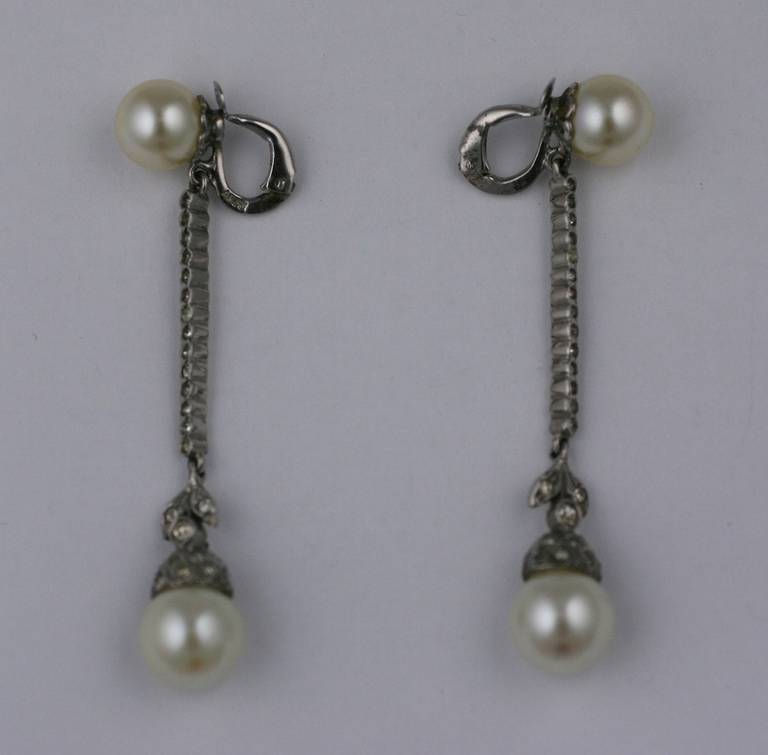 Art Deco Sterling Silver Paste and Pearl Long Earrings In Excellent Condition For Sale In New York, NY