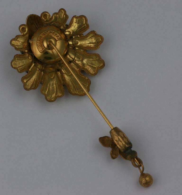 Miriam Haskell Russian gold and crystal rose montees baroque shell stickpin brooch. 1950's USA. Excellent condition. L 3.50