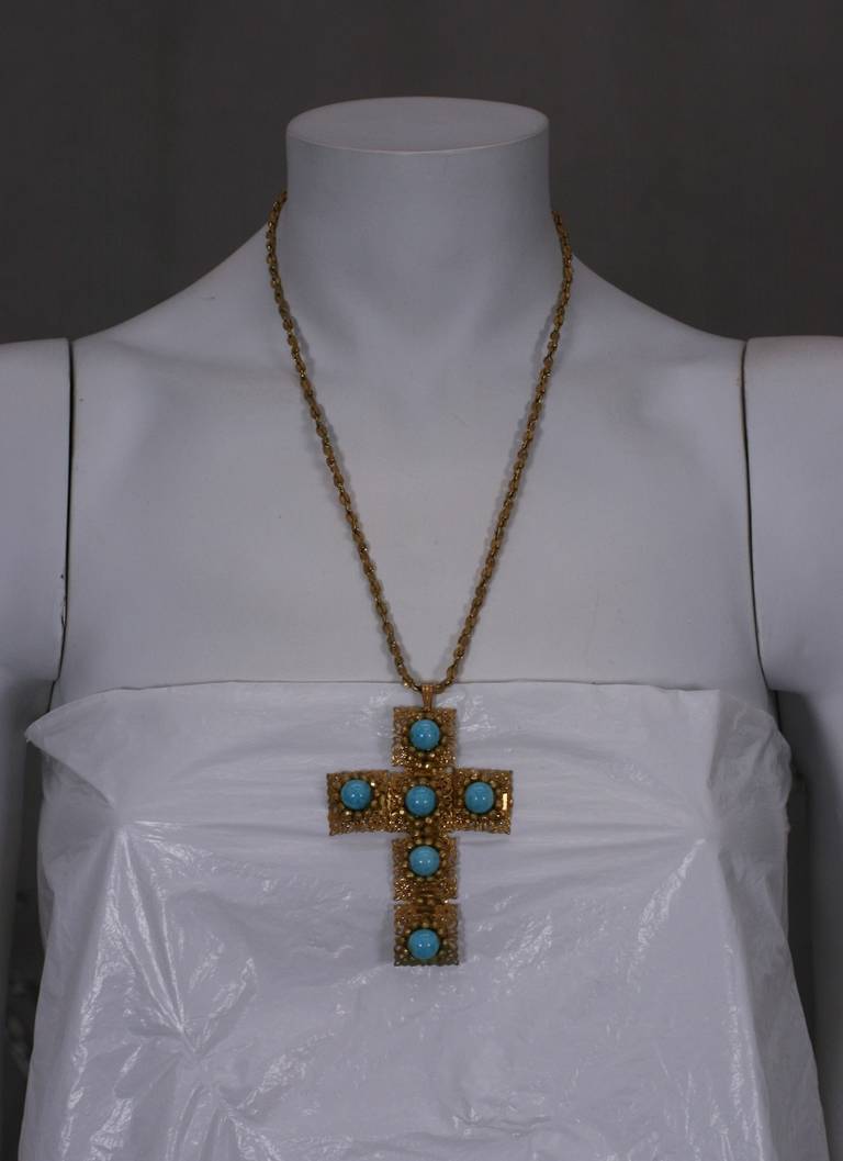 Miriam Haskell Turquoise Pate de Verre Cross Pendant Necklace In Excellent Condition For Sale In New York, NY