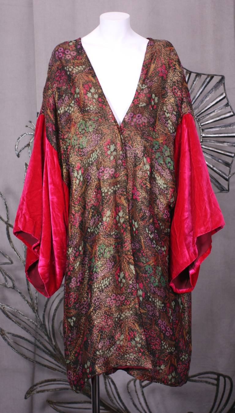 1920's Japanesque Art deco floral lame broche and cerise chiffon velvet kimono inspired opera coat. Japonism is the influence of Japanese art, fashion and aesthetics on Western culture. The term is used particularly to refer to Japanese influence on