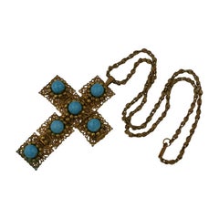 Miriam Haskell Turquoise Pate de Verre Cross Pendant Necklace
