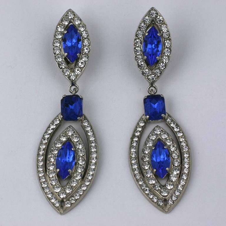 Italian Long Blue and Crystal Earrings In Excellent Condition For Sale In New York, NY