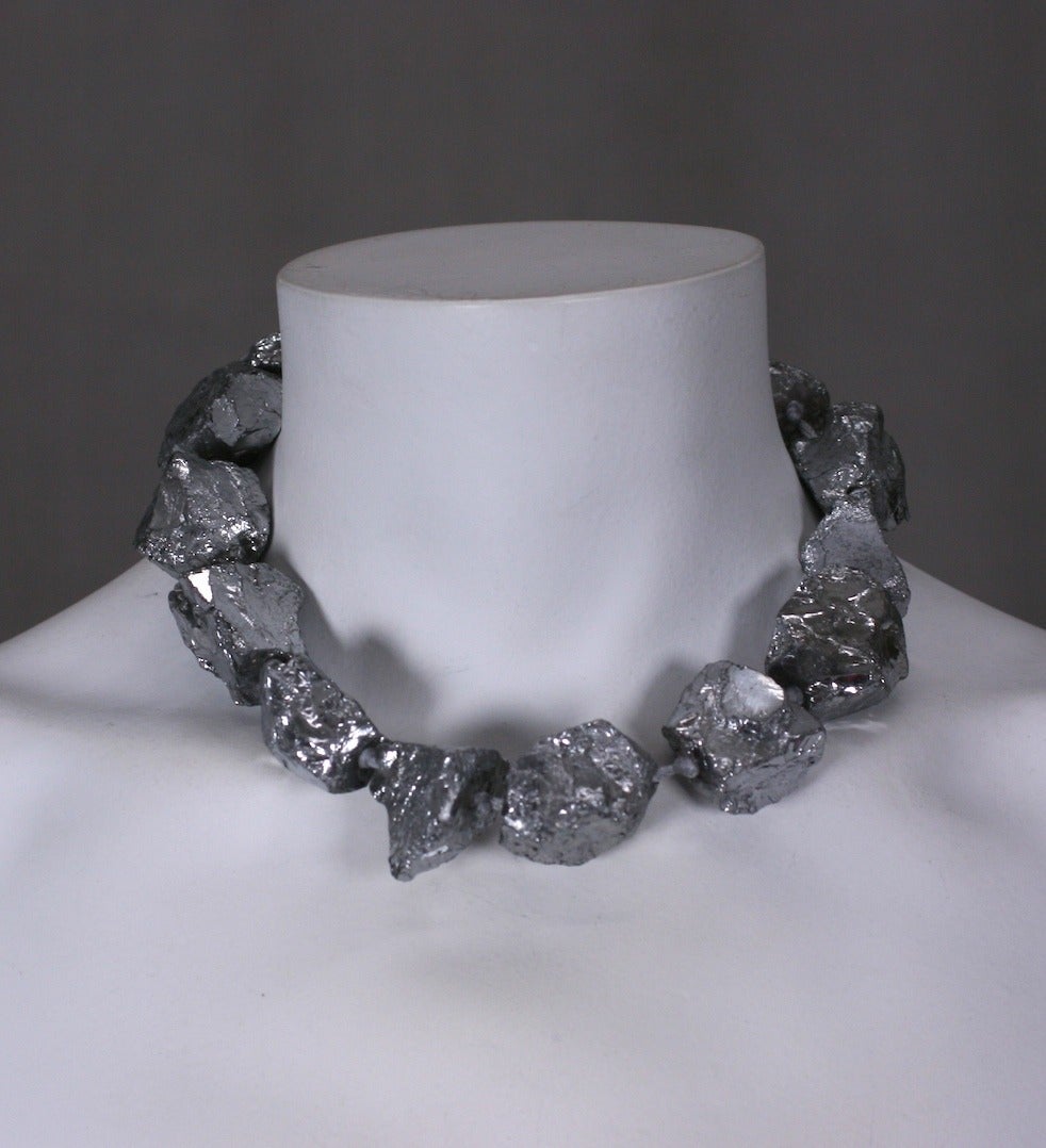 Mark Walsh Leslie Chin raw quartz nugget bead necklace with iridiated silvered finish like hematite. Strung loosely knotted on string with antique silvered lobster clasp. 16.5