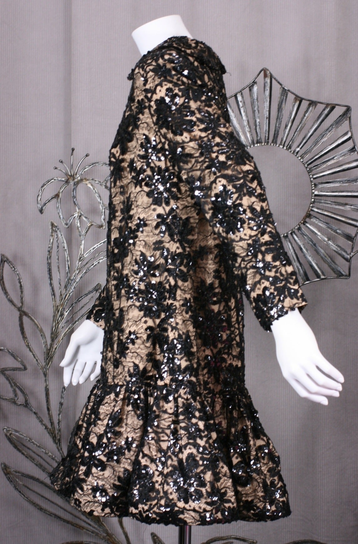 Sequin and Floral Lace Baby Doll Dress In Excellent Condition In New York, NY