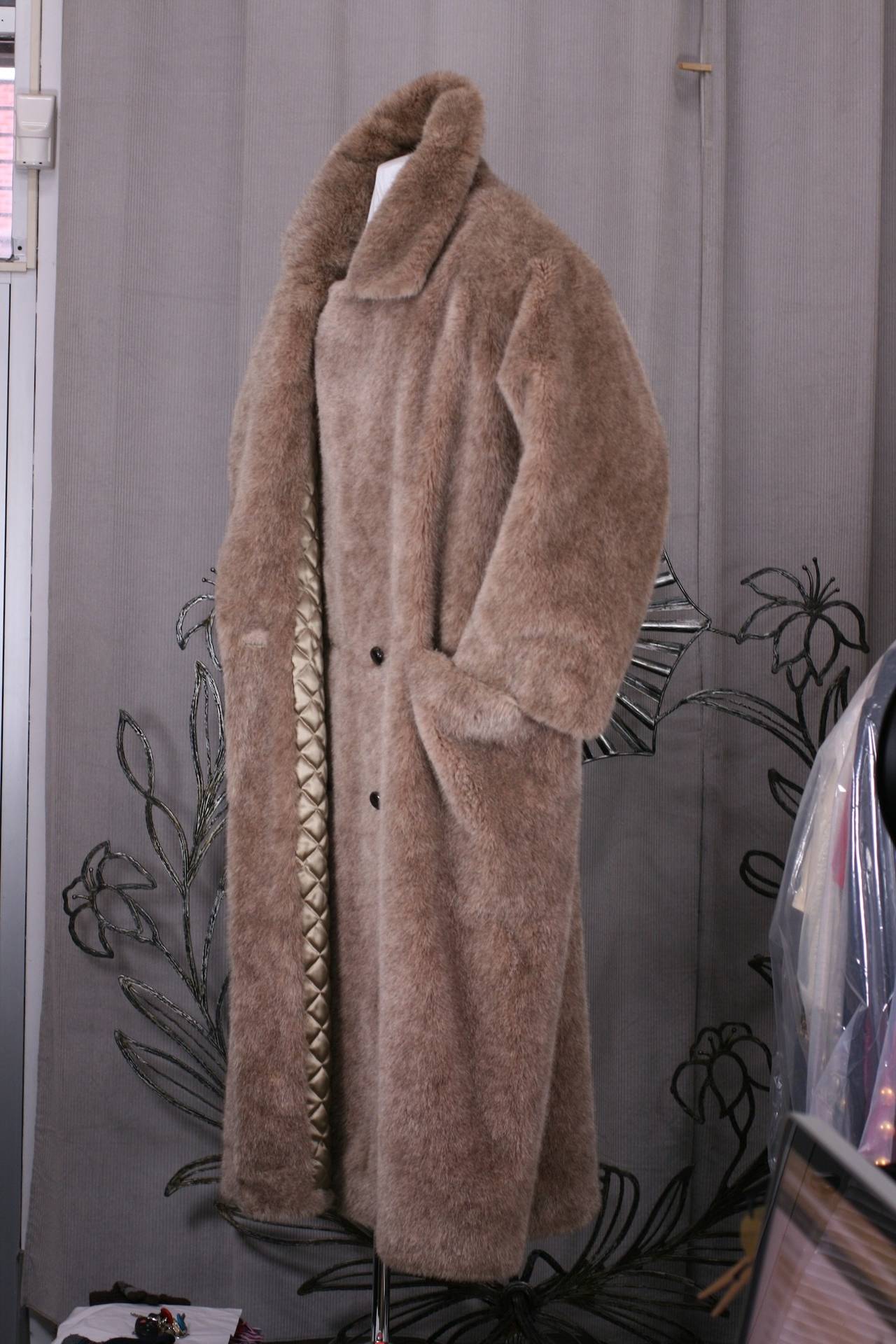 Insanely plush teddy bear overcoat by Anne Klein. This coat was a special order original sample and is unworn. The Anne Klein company was not known for their menswear, but, this coat keeps to their aesthetic of clean modernized American inflected
