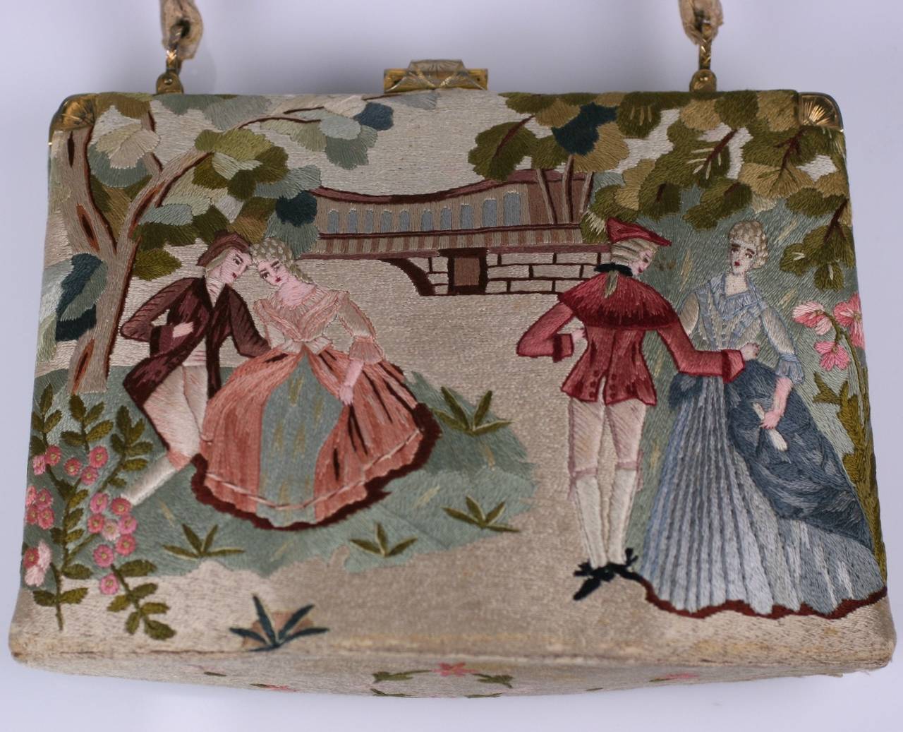 Embroidered Bag with French Courtesans In Excellent Condition In New York, NY