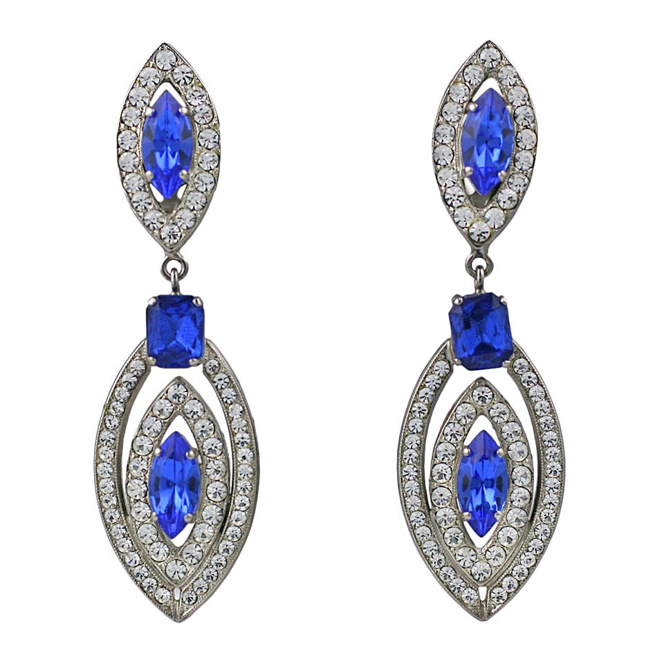 Italian Long Blue and Crystal Earrings For Sale