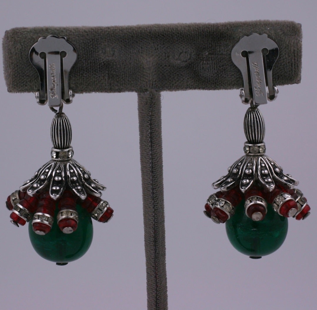 Schiaparelli Iconic Emerald and Ruby Drop Earclips In Excellent Condition In New York, NY