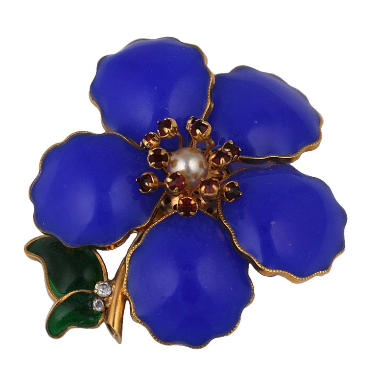 Coco Chanel Lapis Blue Poured Glass Camelia Sprig Brooch For Sale at 1stDibs