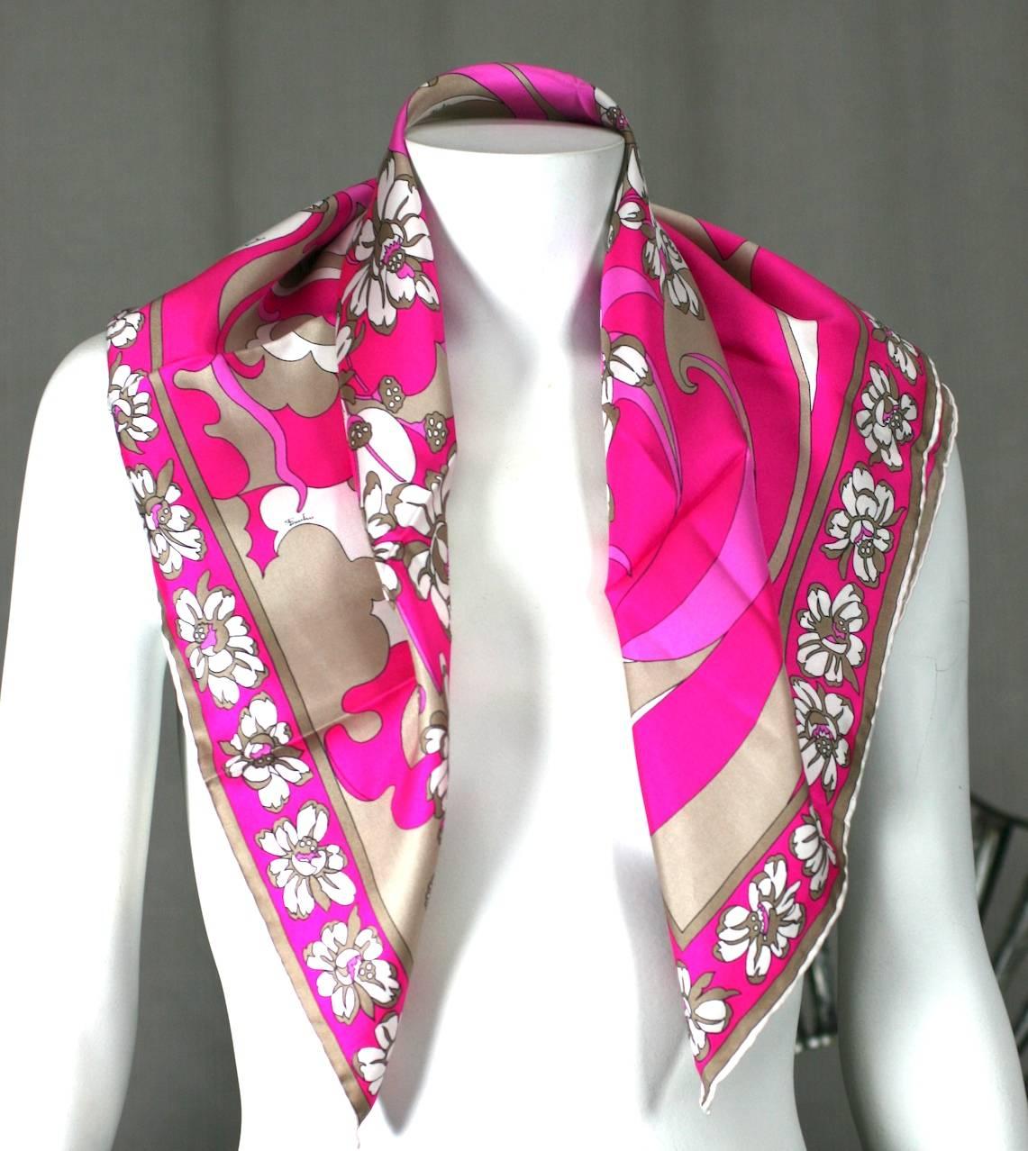 Emilio Pucci hot pink floral print scarf in silk twill. 2000's Italy. Excellent condition. 24" x 24". 