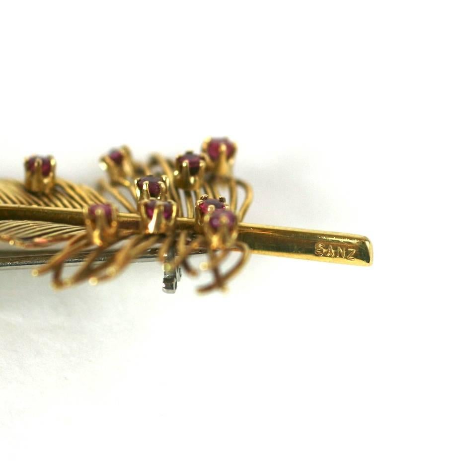 Women's Sanz Ruby Gold Feather Brooch For Sale