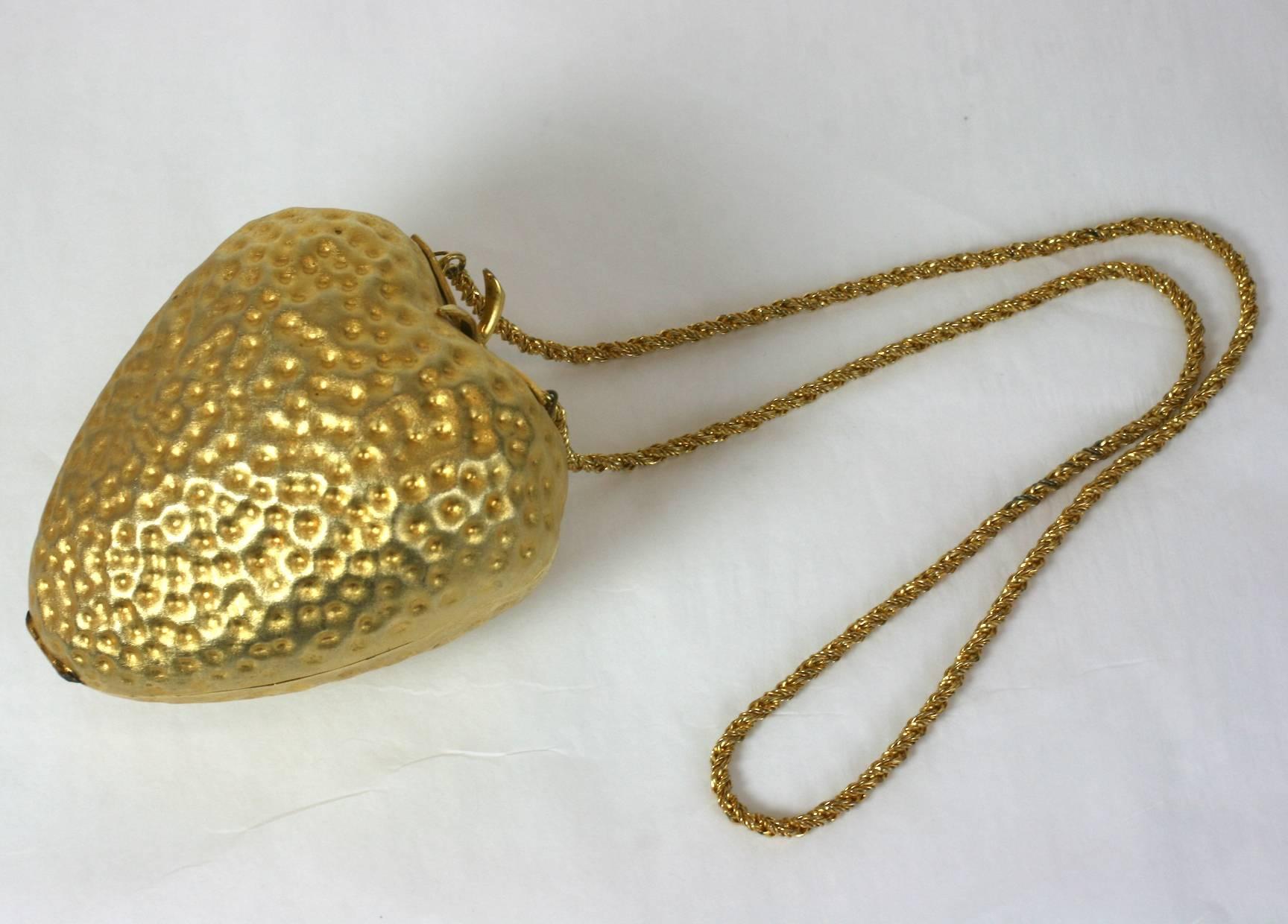 Gilt Italian Strawberry Purse. Charming figural shoulder bag in the shape of a 3D gilt strawberry. Felt lined. Italy 1980's. Excellent condition. 