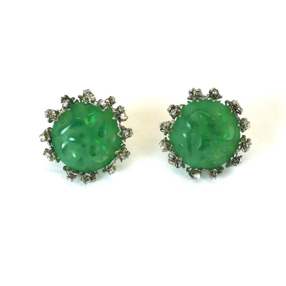Miriam Haskell handmade emerald pate de verre  cabochon ear clips set in silver gilt pronged filigrees with hand sewn signature crystal rose montes. 
  Excellent Collection. Diameter 1
