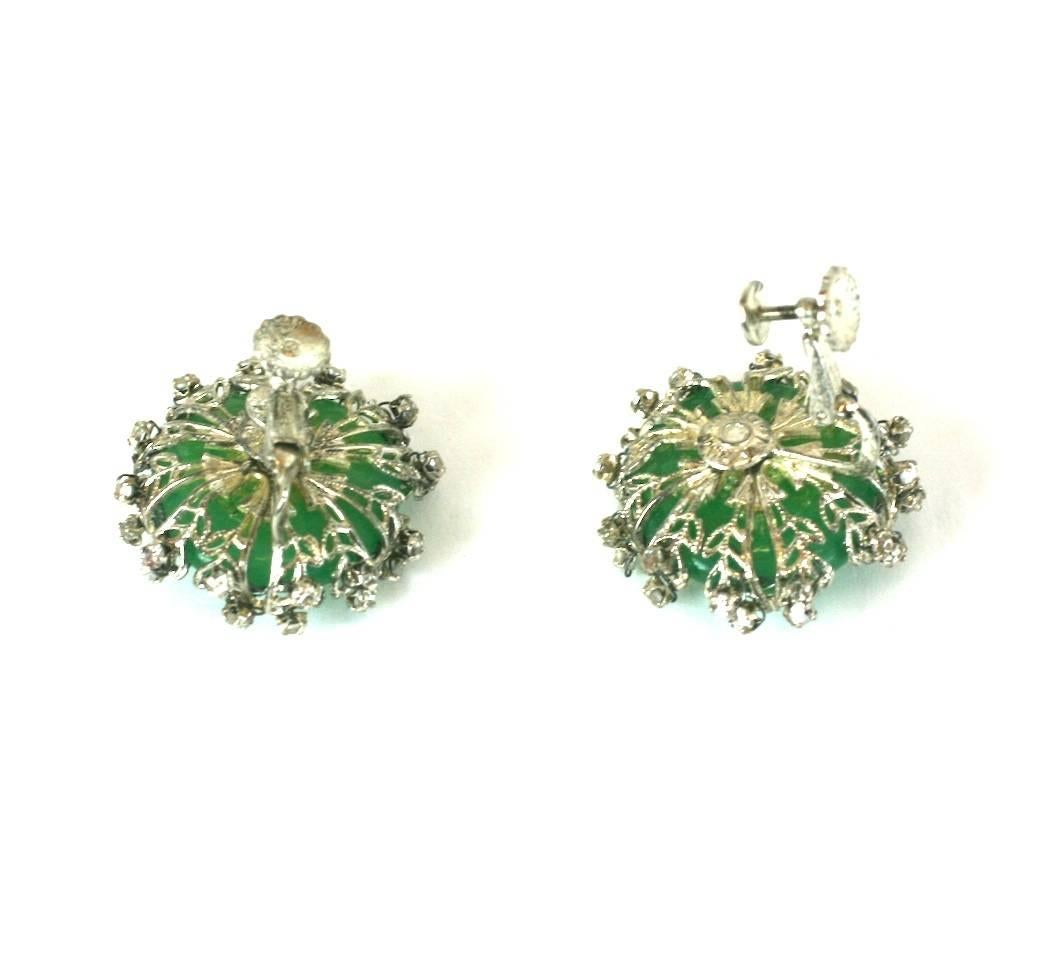 Miriam Haskell Faux Emerald and Pave Earclips In Excellent Condition For Sale In New York, NY