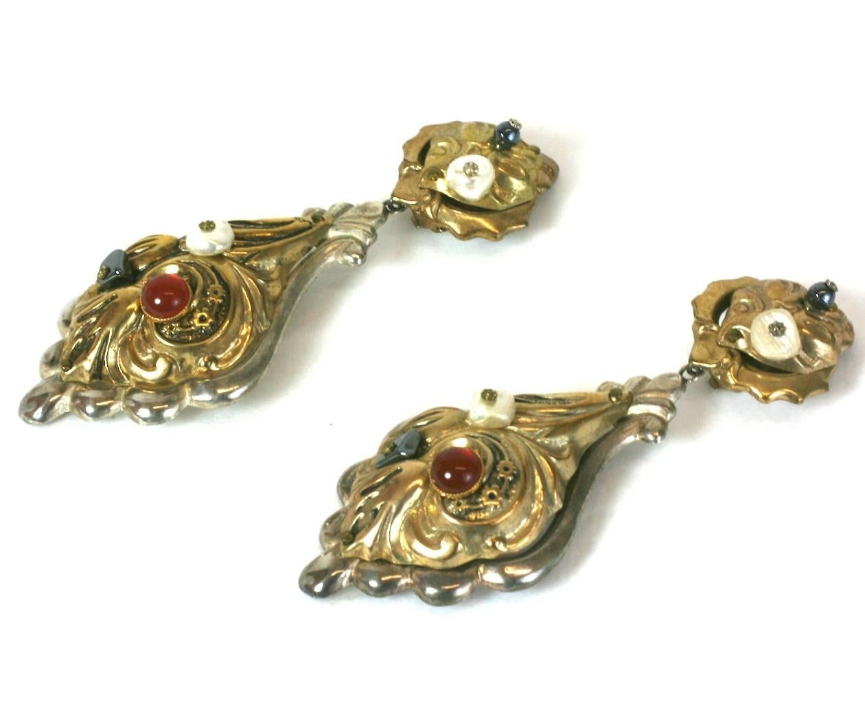 Long Italian-made earrings in the Georgian taste, with carnelian, mother of pearl and hematite bead decoration. Constructed in 2 repousse layers, with the base layer in silvered metal and the upper layer in gilt metal. Very 19th Century in look,