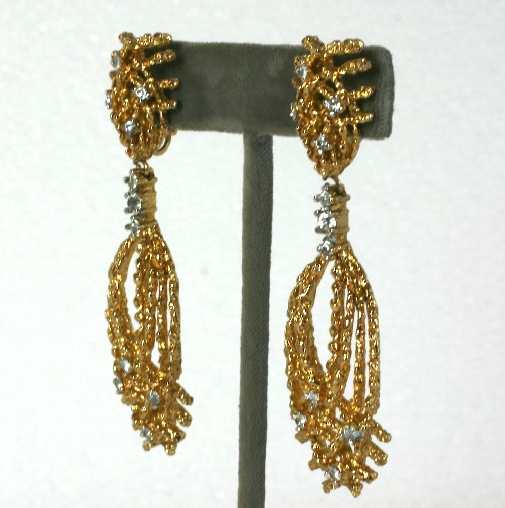 Panetta Brutalist long openwork clip earrings with pave rhinestone accents. Textured gold metal is offset by the use of the stones. Long dangles 3