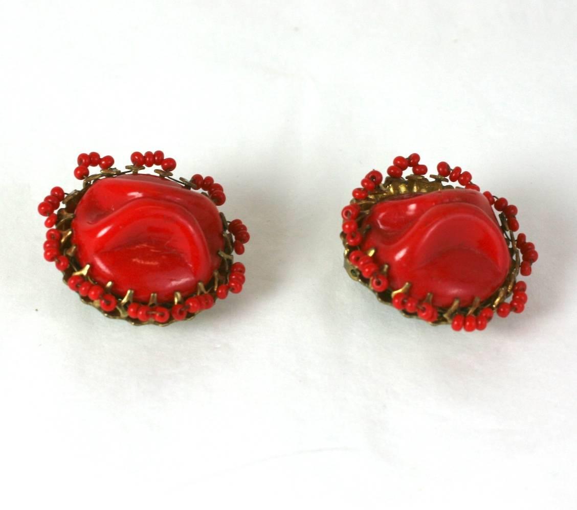 Miriam Haskell Red Pate de Verre Earclips In Excellent Condition For Sale In New York, NY