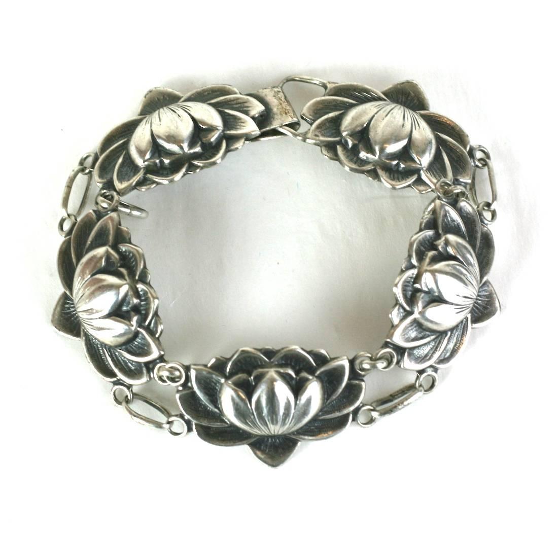Heavy Danecraft Water lily Art Nouveau Revival cast sterling silver link bracelet. Length 8