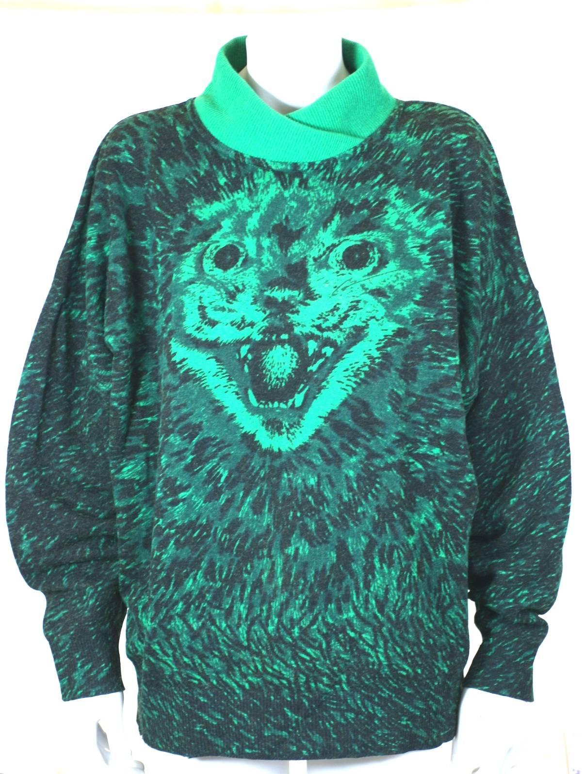 Krizia Scary Cat Sweater in odd greens with black highlights, Collectable Animal Series. Size 42, Length 26