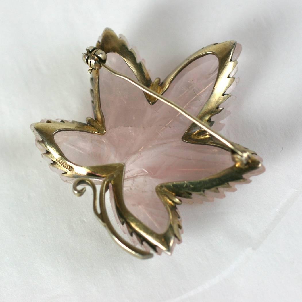 Art Deco Charming Rose Quartz Leaf Brooch For Sale