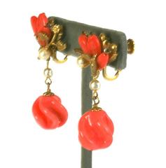 Miriam Haskell Faux Coral Pate de Verre Earclips