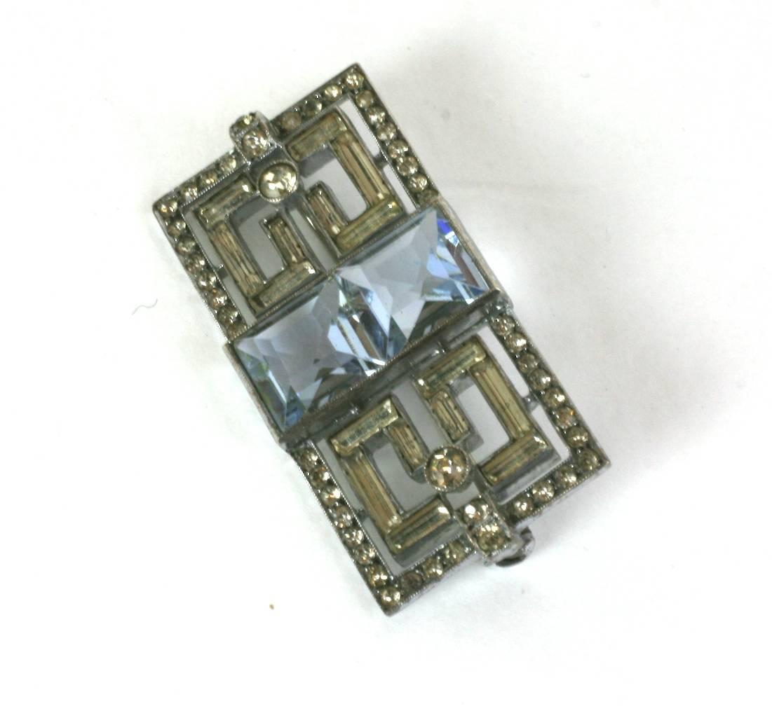 Elegant Art Deco Paste Brooch with pale faux aquamarine square cut stones in an elaborate sterling silver setting. Openwork style with deco baguette and pave detailing. 1.75