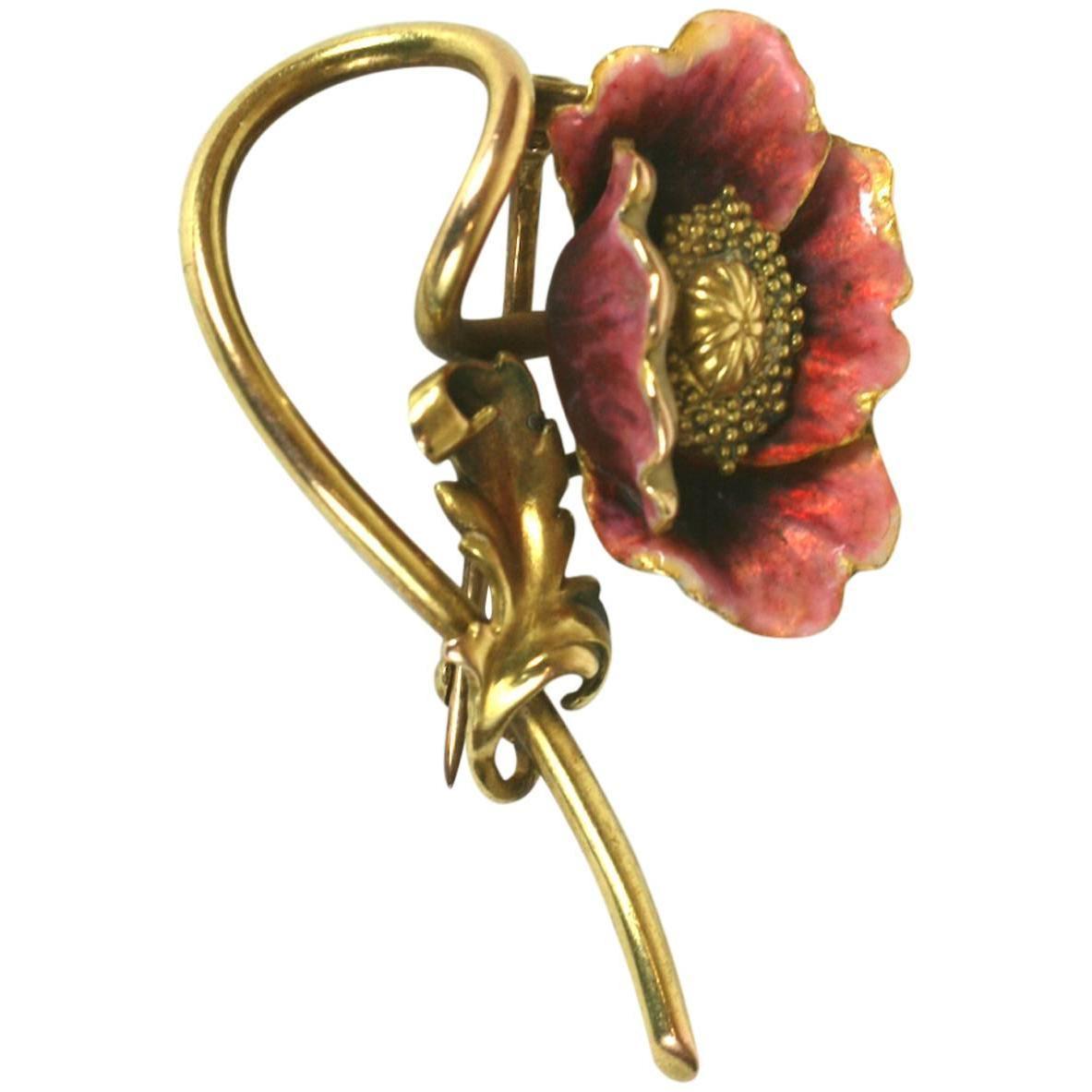 Art Nouveau Enamel Poppy Brooch For Sale at 1stdibs