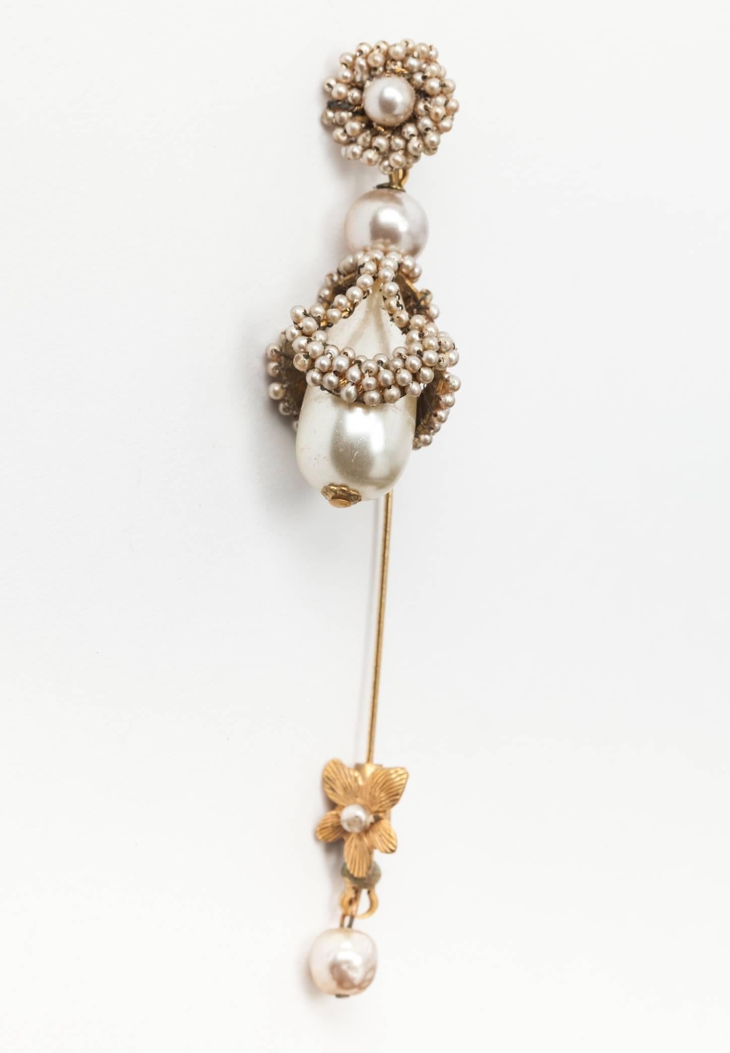 Miriam Haskell Elaborate Pearl Pendant Stickpin Brooch In Excellent Condition In New York, NY