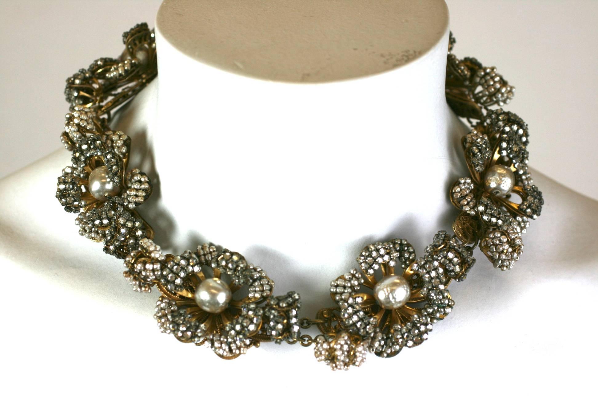Miriam Haskell Massive Rose Monte and Faux Pearl Flower Collar For Sale 1